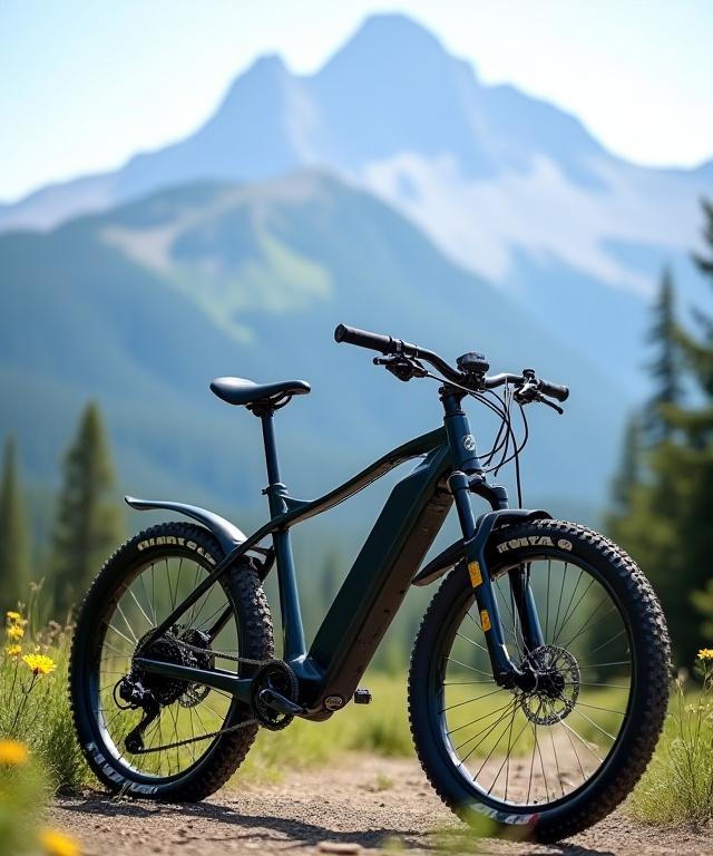 An electric mountain bike parked with a scenic mountain view