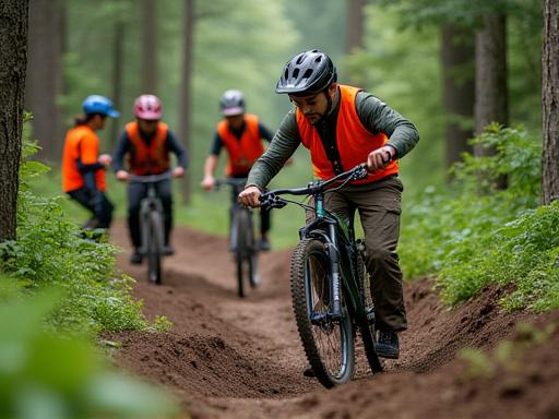 Volunteers working on a mountain bike trail with shovels and rakes