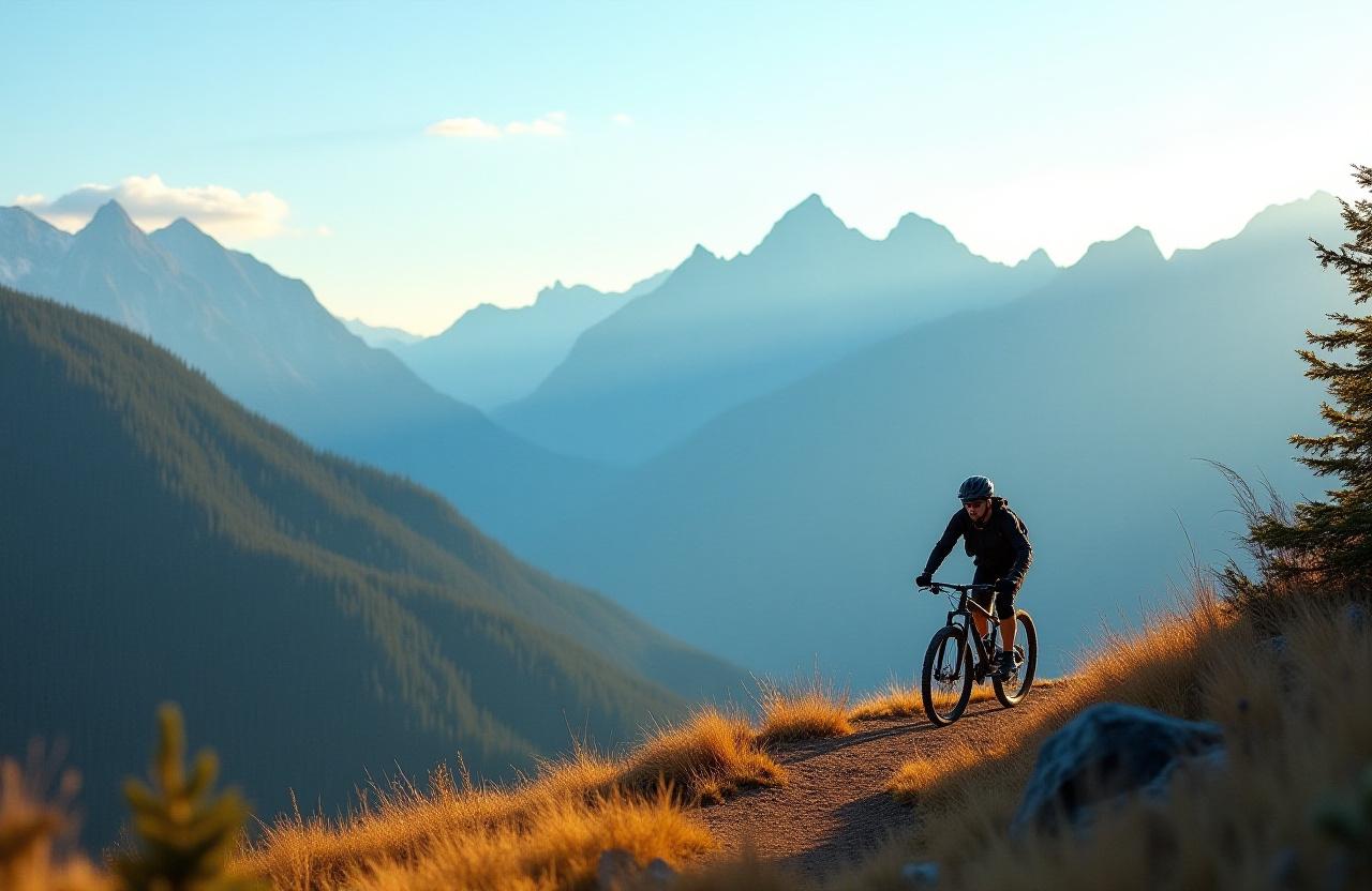 A mountain biker overlooking the mountains in Canmore at sunrise