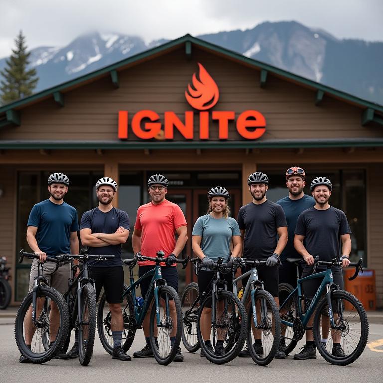 The friendly team of Ignite Cycles standing proudly in front of their shop in Canmore, a mountain backdrop behind them